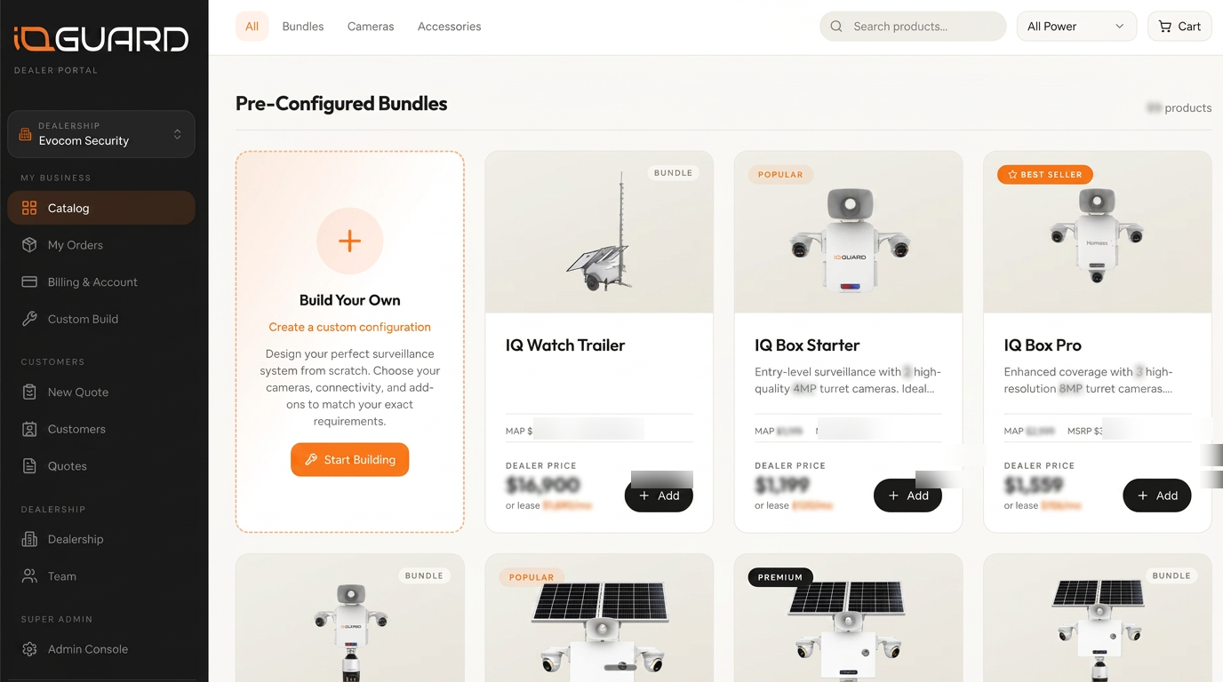 IQGuard dealer portal showing pre-configured hardware bundles and dealer pricing