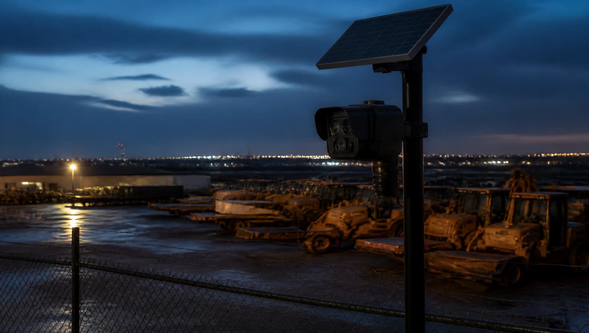 Equipment yard covered by an IQGuard solar security system at dusk