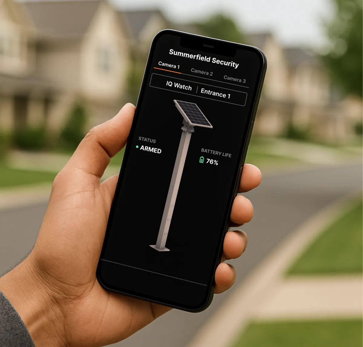 IQGuard mobile app showing live camera views and detection events